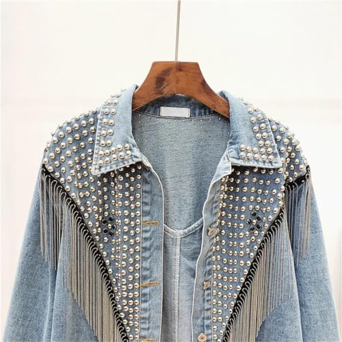 Vsadsau Women Rivet Tassel Denim Jackets Loose Long Sleeve Short Outerwear Jean Jacket Coat Streetwear4