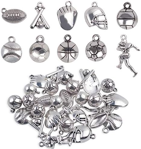 Ball Games Sports Charms, 30 Pieces Mixed Alloy Sport Theme Baseball Football Basketball Craft Charms Pendants Jewelry Findings Making Accessory for DIY Necklace Bracelet Earring - 10 Styles