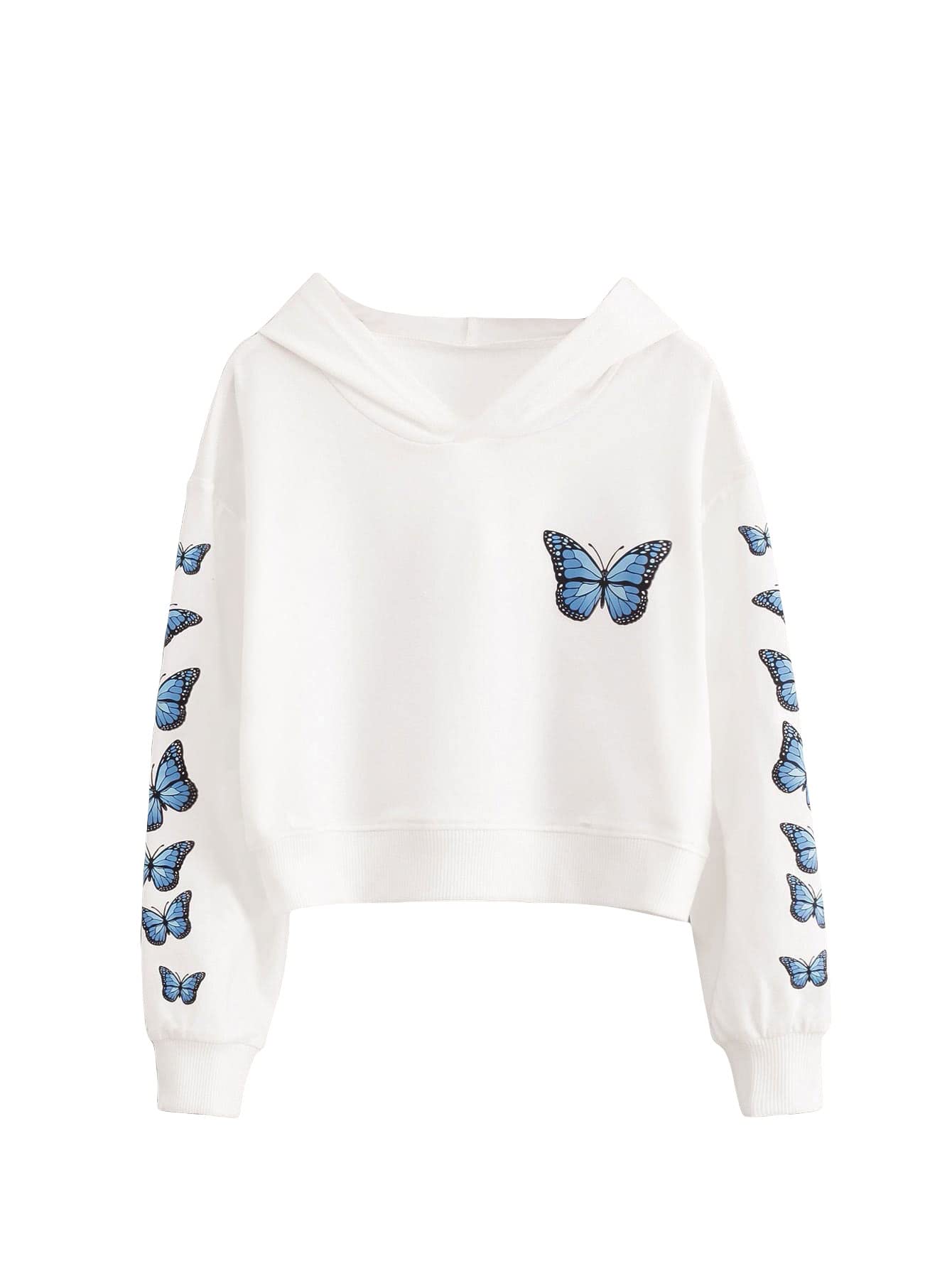 Romwe Girl's Butterfly Print Drop Shoulder Long Sleeve Pullover Hoodie Sweatshirt Crop Top Tee Shirt White 170