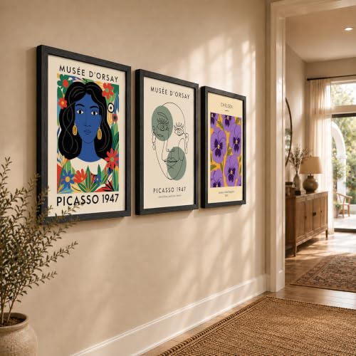 Image of NoWorries Modern Abstract Wall Art Frame | London Chelsea Floral Print & Picasso' Inspired Wall Art Paintings 300 GSM Premium Prints | Stylish Home Decor for Living Room, Office & Bedroom | Synthetic Wooden Wall Art Frames (Set of-3) (BLACK, ART-10, 25X37INCHES)