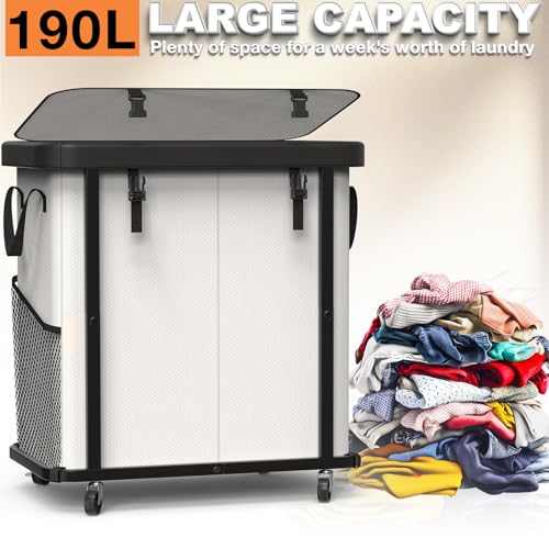 Image of 190L (50 Gal) Large Fashion Laundry Basket with Wheels,Leather Patchwork Rolling Hamper Carts, Sturdy Metal Frame, Removable Washable Bag, Tall Clothes Sorter for Bedroom, Laundry Room-Beige