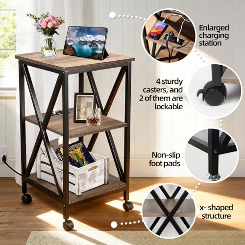 Image of Square End Table with Charging Station, 3-Tier End Table Living Room, 16 inch D X 16 inch W X 28 inch H, Wood and Metal Table with USB Ports and Outlets, Side Table with Wheels for Living Room, Bedroom, Grey