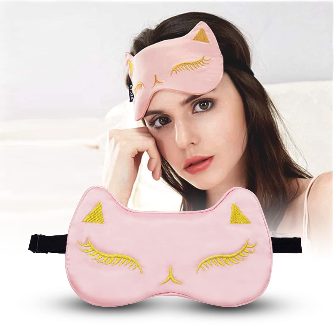 jenna Jenna™ Natural Silk Kitty Design Sleep Mask Cover for Insomnia, Puffy Eyes and Dark Circles (BabyPink)-picture-29