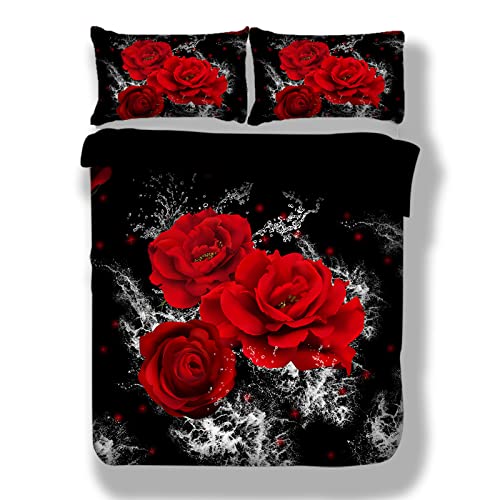 Djoymock Rose Duvet Cover Set King Red Floral Printed Bedding Set 3 Pieces Reversible Soft Microfiber Romantic Comforter Cover Set Home Decor For All Season (1 Duvet Cover + 2 Pillowcases) 104"X90" #TOP2
