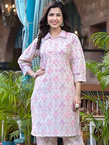 Image of Pinkmint Women's Muslin Printed Kurta Set with Pants & Dupatta l 3 Piece Ethnic Suit for Casual
