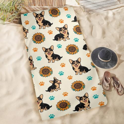 Toalla de playa portátil extragrande con diseño de girasol y corgi, suave, súper absorbente y de secado rápido, multiusos, 31" x 71"