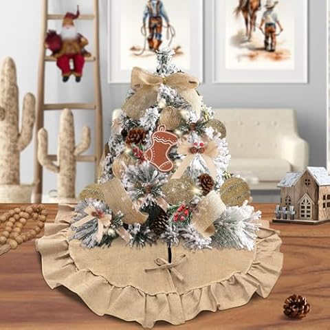 Sofevaim Mini Burlap Tree Skirt 24 Inch, Burlap Christmas Tree Skirt with Ruffle, Boho Christmas Tree Skirt for Pencil Tree Western Christmas Farmhouse Decorations Cover