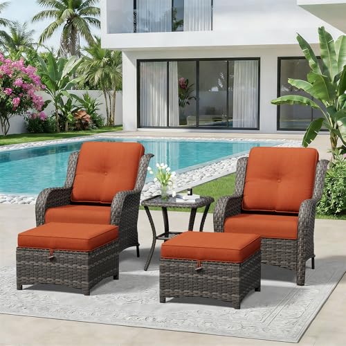 Image of 5 Piece Outdoor Wicker Patio Furniture Set, Patio Chairs Set with Thickened Olefin Cushions, High Back and Deep Seating, Hand-Woven PE Rattan, Ottoman for Porch, Deck