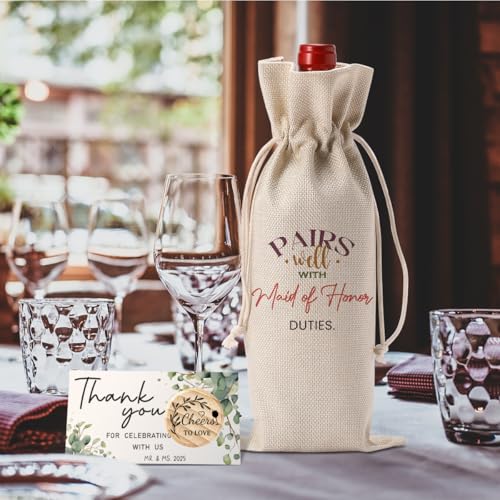 Image of Maid of Honor Bridesmaid Proposal Gifts Maid of Honor Bridesmaid Wine Bag | Wedding Engagement Gift Wine Bottle Bag Pairs Well with Maid of Honor Wine Bags with Thank You Card And Stopper