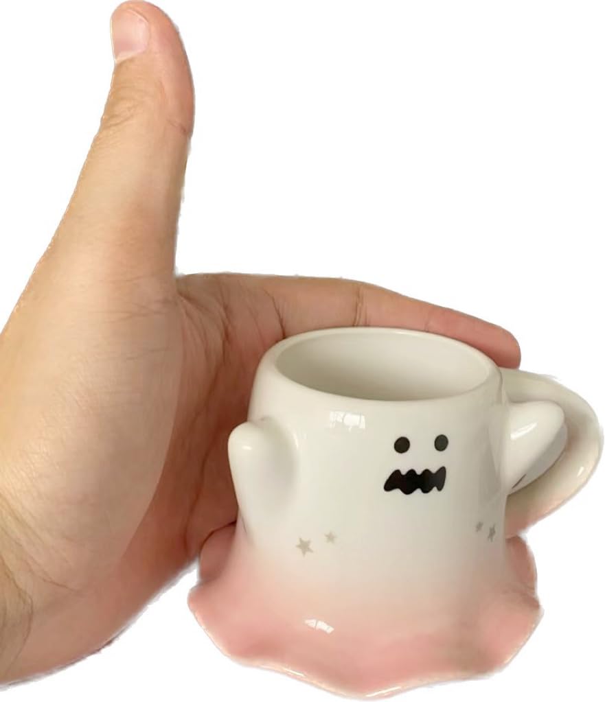 KKGUD Novelty Mini Cup, Ceramic 4.5oz Halloween Coffee Cup with Spoon- Scary Ghost (Pink), Scary Ghost- Pink, 130ml, Small - Image 4