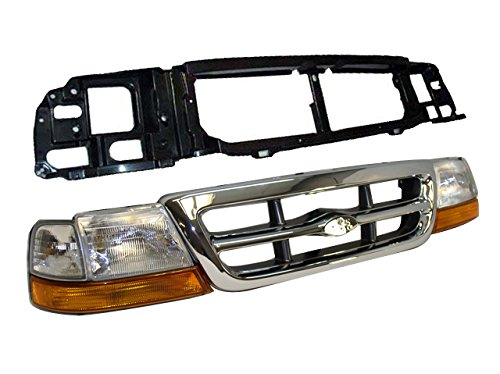 Complete Grille Assembly Kit W/ Header & Lights For 1998-2000 Ford Ranger XLT RWD - 6-Piece Chrome 8 thumbnail image