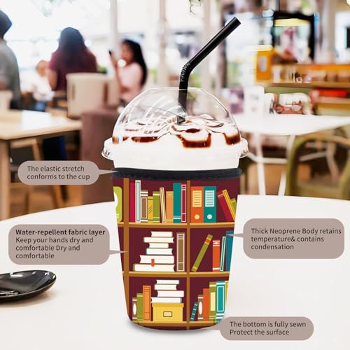 Image of 3 Pack Reusable Neoprene Insulator Sleeve for Iced Coffee Cups, Funny Coffee Cup Sleeves for 16-32oz Coffee cups, Cute Drink Sleeve for Cold Hot Beveragesc Cute Bookshelf