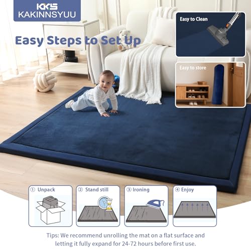 Image of Baby Floor Mat, 2-Inch Extra Thick Playmat for Baby, 59 inchx39 inch Large Tummy Time with Powder-Free Memory Foam, Water-Resistant Flannel Cover Non-Slip Crawling Mat for Infants Toddlers, Navy Blue