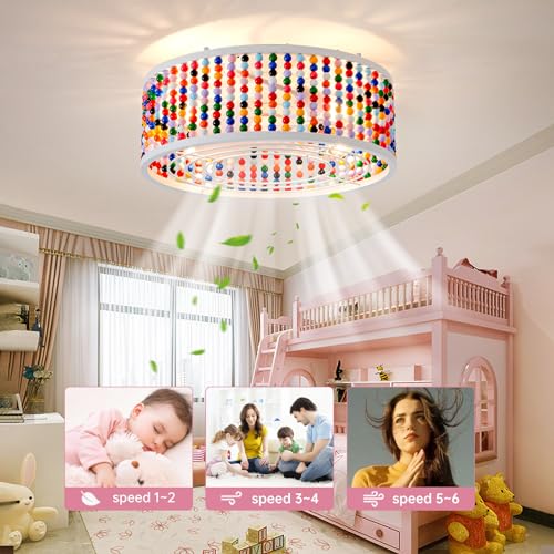 Image of Ceiling Fans with Lights and Remote - Bulbs Included, Caged Fandelier with Handcrafted Beaded Decor 19 inches Reversible Flush Mount Installation Ceiling Fan, Colorful