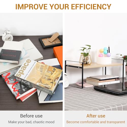 Image of YGYQZ Wood Office Desk Shelf Organizer - Desktop Supplies Cute Dresser Top Organization Storage Rack and Cubicle Decor Aesthetic Bookshelf for Women Man and Kids (Black Wood-Single Tier)
