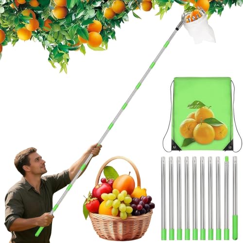 GAESHOW Fruit Picker Apple Picker with Telescopic Handle Fruit Picker Tool Fruit Grabber Tool with Stainless Steel Connecting Pole&Fabric Bag Cherry Picker for Pears Orange Peach Lemon Pear