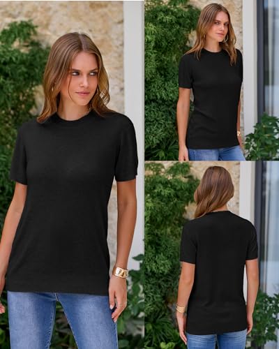 Image of Arach&Cloz Women's Lightweight Wool Blend Short Sleeve Sweater Top Business Casual
