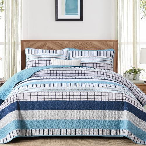 DJY Striped Queen Quilt Bedding Set, 3Pcs Patchwork Bedspread, Light Blue
