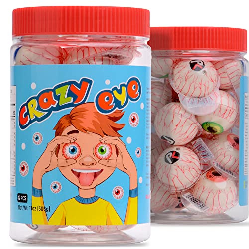 Gummy Candy - 30 mm Large Jelly Filled Gummies - Crazy Eye Gummy Candies - 17 Pcs Individually Wrapped Candy Eyeballs - Halloween Gummy Edible Eyes - Spooky Gummy Candy Eyeballs with Filling