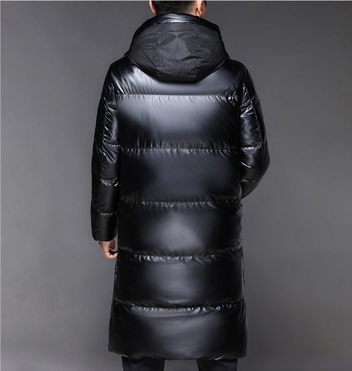 Mens Thick Hooded Down Jacket Winter Business Casual Shiny Mid Length Puffer Jackets Coat