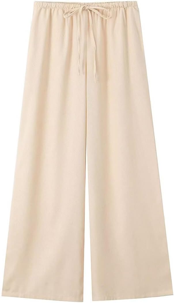 BB5026-27 Women's Linen Wide Leg Pants with Drawstring, Elastic Waist Casual Loose Fit Trousers