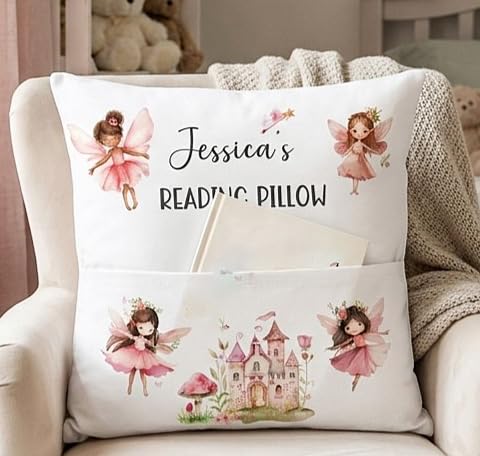 Personalised Magical Fairy Kids Reading Pillow, White Soft Nursery Pocket Cushion, Mushroom flower fairies Design bedtime stoyr item, Book Pocket, Birthday gift