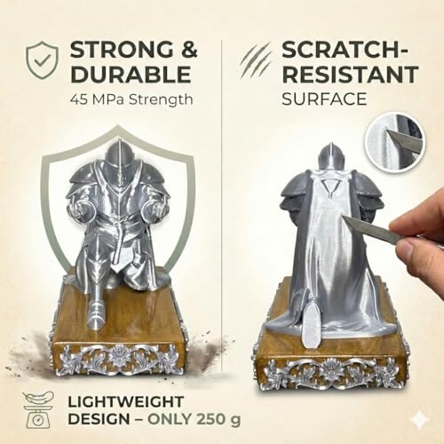 Image of Knight Pen Holder Sculpture Eco PLA Water Resistant Scratch Resistant Desk Organizer 5x4x3 Inches Satin Silk Metallic Finish Medieval Armour Decorative Tool Stand (Sacred Silver - Teak Wood)