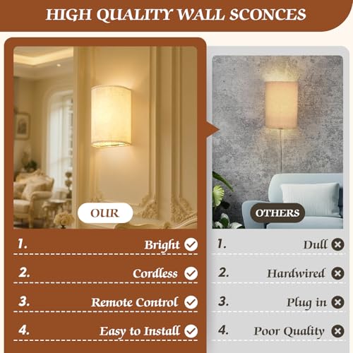 Image of OCATO Battery Operated Wall Sconce: Wireless Wall Sconces Set of Two Magnetic Lamp Rechargeable Lights Dimmable with 16 RGB Colors Fabric Linen Shade with Remote Walls Decor for Bedroom Living Room