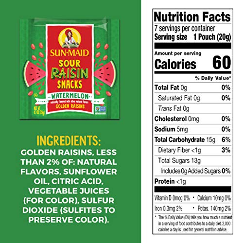 Image of Sun-Maid Sour Watermelon Fruity Raisin Snacks - (56 Pack) 0.7 oz Pouches - Sour Watermelon Raisins - Dried Fruit Snack for Lunches and Snacks