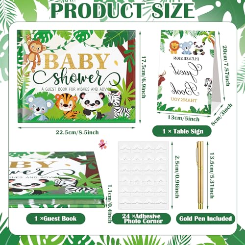 Image of Fuyoooo 27 Pcs Jungle Safari Baby Shower Guest Book Set Baby Shower Sign in Guest Floral Book Place Table Cards with Gold Pen Adhesive Photo Corner for Birthday Party