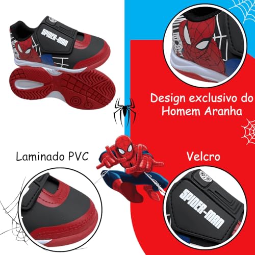 Chuteira Futsal Tênis Infantil Juvenil Super-Herói Aranha Preto (Preto/Vermelho, BR, Criança de 4 a