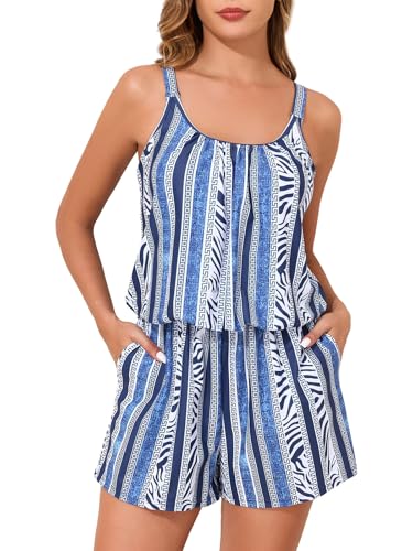 Summer Mae Swim Romper Women's One Piece Swimsuits with Pockets 2025 Blouson Modest Bathing Suits Blue Vertical Size 14