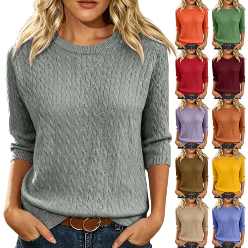 Cable Knit Sweater Women 3/4 Sleeve Slim Fit Crew Neck Sweater, Grey - image 1
