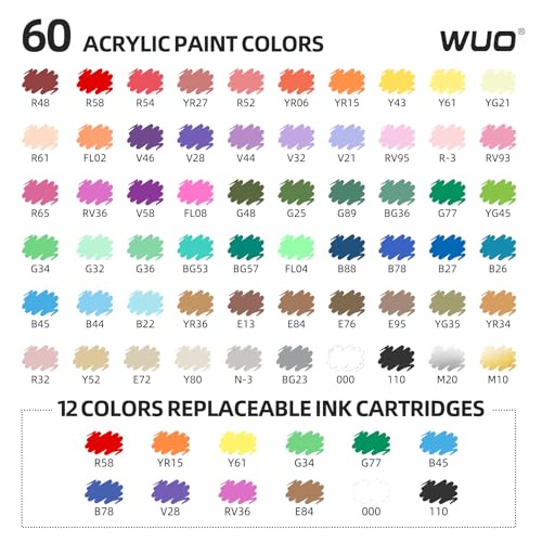 Image of WUO Acrylic Paint Markers, 60 Colors Water-Based No-Bleed Paint Pens with Brush Tip, Automatic Ink Control Markers for Rock Painting, Wood, Glass, Fabric DIY Art, 12 Extra Replaceable Ink Cartridges