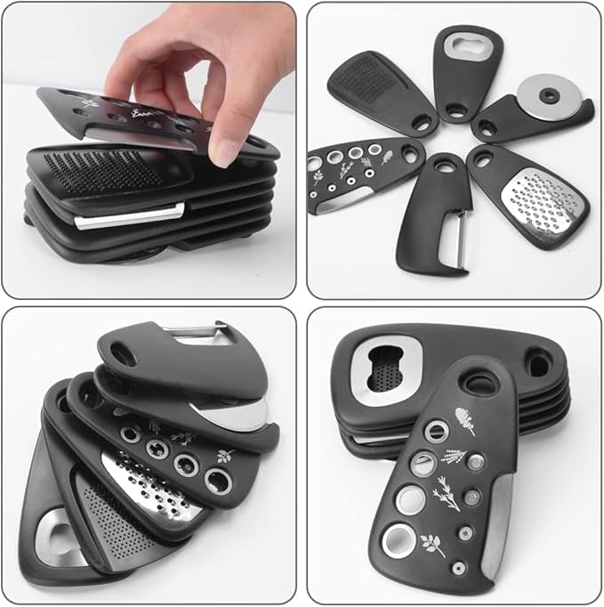 Image of Unique Kitchen Gadget, 6 Piece Set, Space Saving, Camper Must Haves,Kitchen Accessoeries, Cheese Grater, Bottle Opener, Fruit /Vegetable Peeler, Pizza Cutter, Garlic /Ginger Grinder (Black)