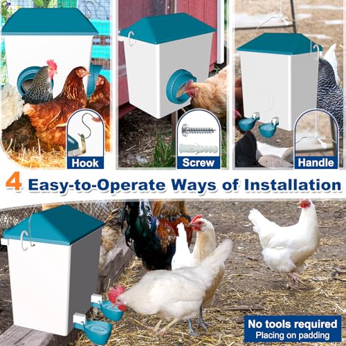 cyrico Chicken Feeder and Waterer Set, Automatic Chicken Coop Accessories Hanging Water Dispenser 10 Pounds Automatic Port Feeder No Waste 2 Gallon Cup Waterer Rain Proof Food Supplies for All Poultry - Thumbnail 3