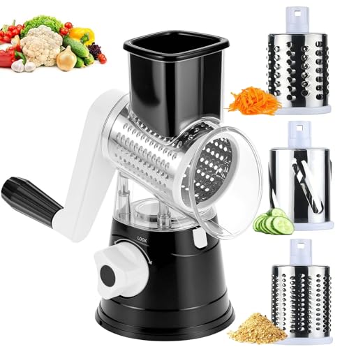 Rotary Cheese Grater with 3 Replaceable Stainless Steel Drum Blades Non Slip Suction Base Vegetable Slicer Handheld Round Cheese Grater for Cheese Vegetables Fruits Nuts (Black)