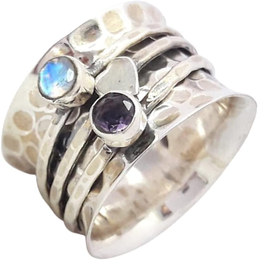 Amethyst Ring, Rainbow Moonstone Ring, Love, 925 Sterling Silver, Hammered Spinner, Anti Anxiety, Love Band, Textured Spinner, Easter, Gift for Easter Mother's Day Gift