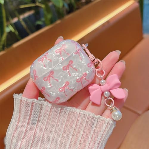 Image of MINSCOSE for Cute Glitter AirPods 4 Case,Shell Pattern Bow Ribbon Trendy Design with Bowknot Pearl Keychain,Protective Shockproof Cover for Apple Airpods iPod 4th Generation for Women Girl-Pink