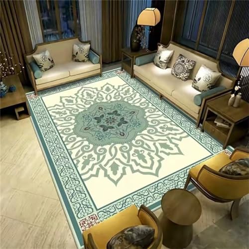 Tapis de salon bleu 200x260cm lavable en machine style vintage