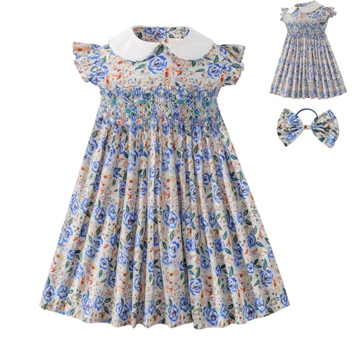 Girl Spring Summer Dress Smocked Floral Toddler Girl Smocked Vintage Birthday Tea Party Preschool Kindergarten Dresses