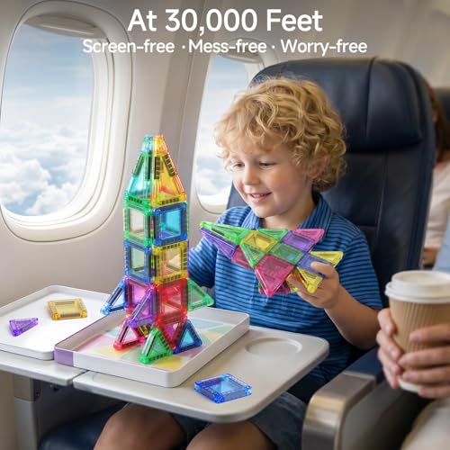 Image of Magnetic Tiles for Kids Travel: 40pcs Portable Mini Building Toy | 30-Sec Iron Case Opens Into 10.6-Inch Play Board - STEM Gift for Toddlers Ages 3-6 - Airplane Road Trip Restaurant