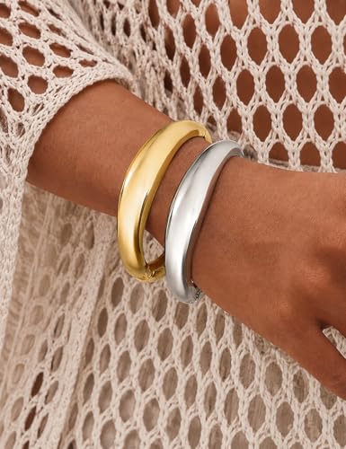 Image of Chunky Gold Bangle Bracelets for Women, Dainty 14k Gold Plated Big Stackable Bangles Set, Trendy Statement Cuff Bracelet Stack Fashion Jewelry Gifts