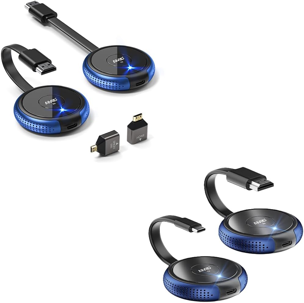 AIMIBO Wireless HDMI+USB C Transmitter and Receiver kit 2 Pack, 2.4/5G HDMI Wireless Extender, 165FT/50M Long Range for Laptop, PC, i-Pad, i-Phone 15, Camera to Monitor, Projector, HDTV - Blue+Blue