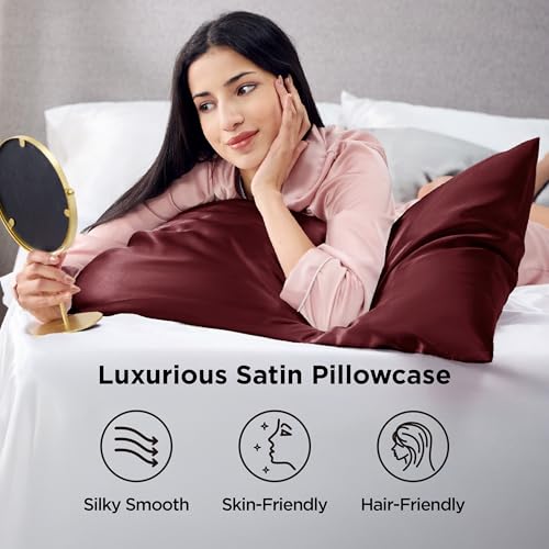 Image of Bedsure Satin Pillowcase for Hair and Skin Standard - Burgundy Silk Pillowcase 2 Pack 20x26 inches - Satin Pillow Cases Set of 2 with Envelope Closure