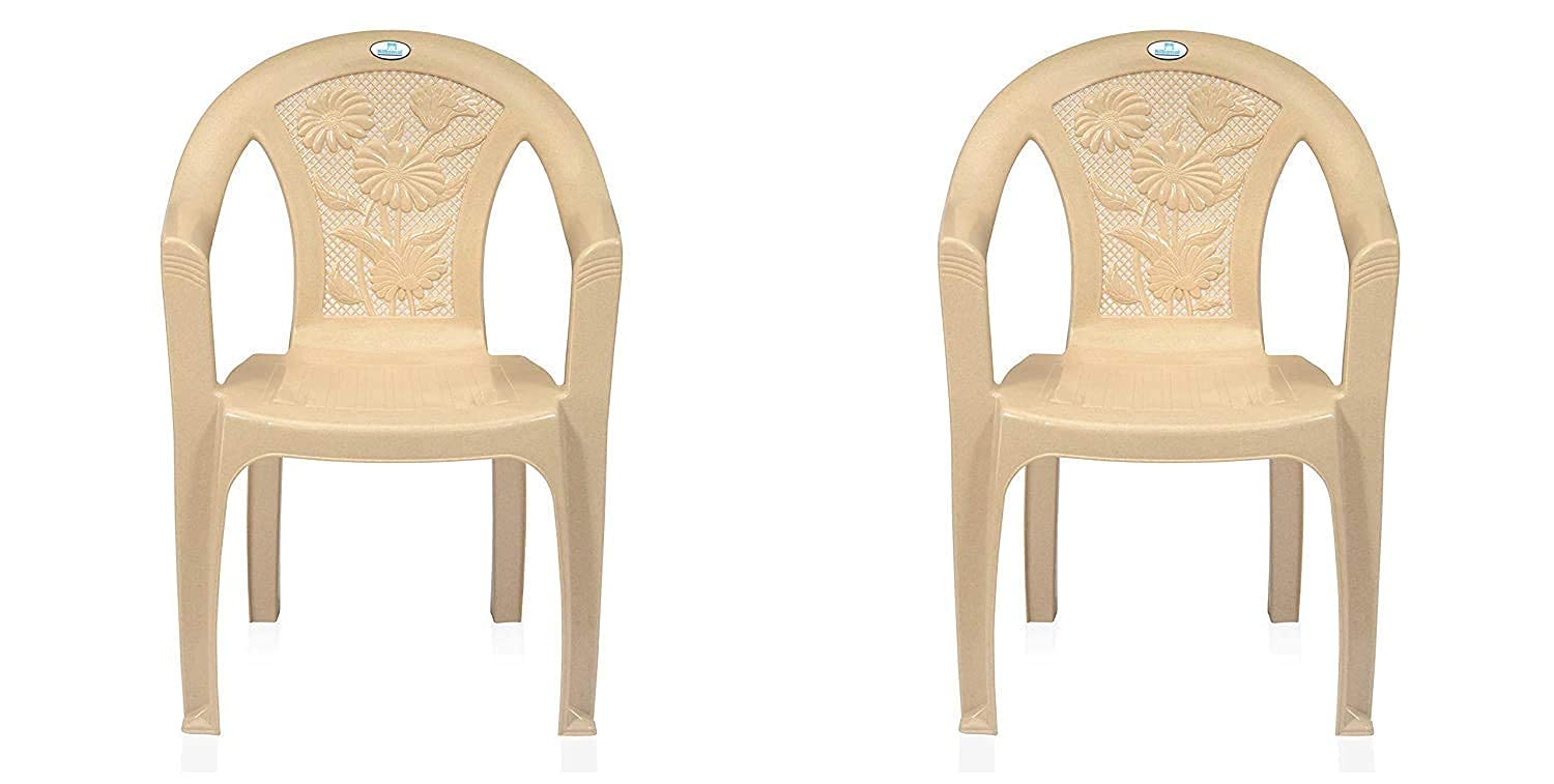 Nilkamal Plastic Chair for Living room with Arm |Set of 2 | 3 Year Warranty | For Home, Living Room, Outdoor | Marble Beige Colour | CHR2060
