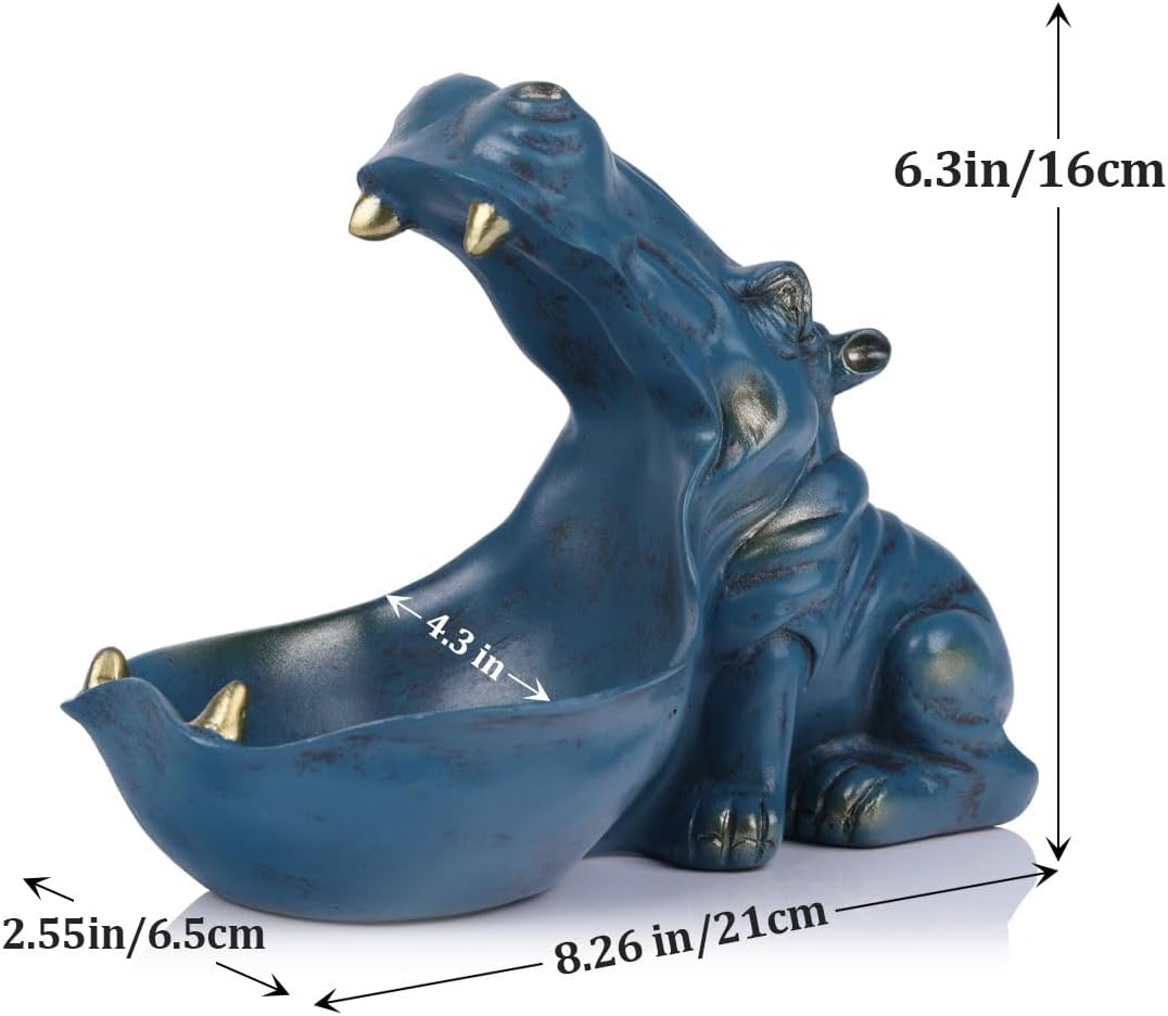 Hippo Figurine Candy Dish & Key Bowl - Unique Resin Hippopotamus Statue for Office Desk & Entry Table Decor - Multifunctional Sundries Container, Jewelry Stand, and Wallet Holder - Cute Hippo Gifts