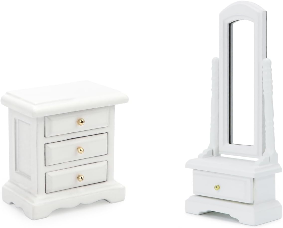 Miniature Furniture Fitting Mirror & Bedside 1:12 Furniture Dollhouse Nightstand Bedroom Drawer Cabinet Model Accessories Mini House Scene Building Tabletop Decorations