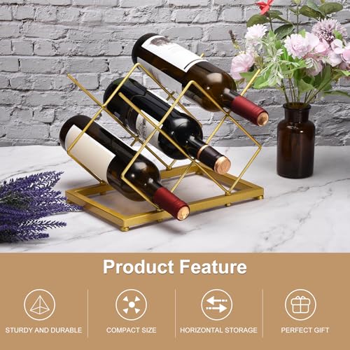 Image of uxcell Countertop Wine Rack, Tabletop Wine Bottle Holder for Up to 5 Standard Bottles, Freestanding Wine Rack for Wine Cellar Bar Cabinet, Gold