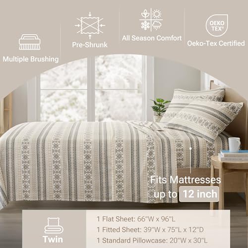 Image of True North by Sleep Philosophy Flannel Sheets Twin Size, Cozy 100% Cotton Flannel Bed Sheets, Ultra Soft Cute Sheet Set, Elastic Pocket Fits Up to 12 inch Mattress, Nordic 3 Piece